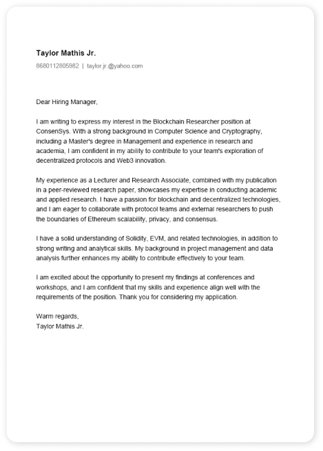 Cover letter example for Blockchain Researcher role at ConsenSys