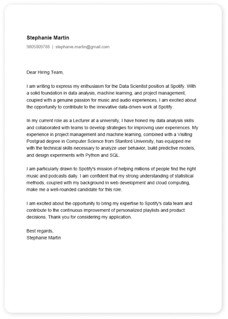 Cover letter example for Data Scientist role at Spotify
