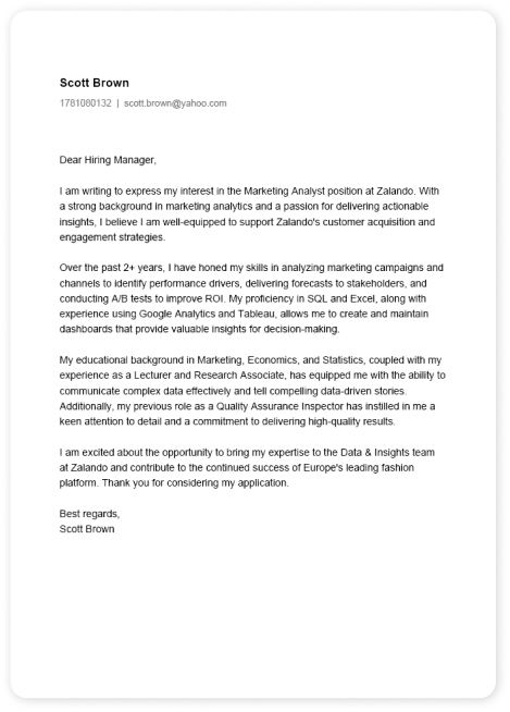 Cover letter example for Marketing Analyst role at Zalando