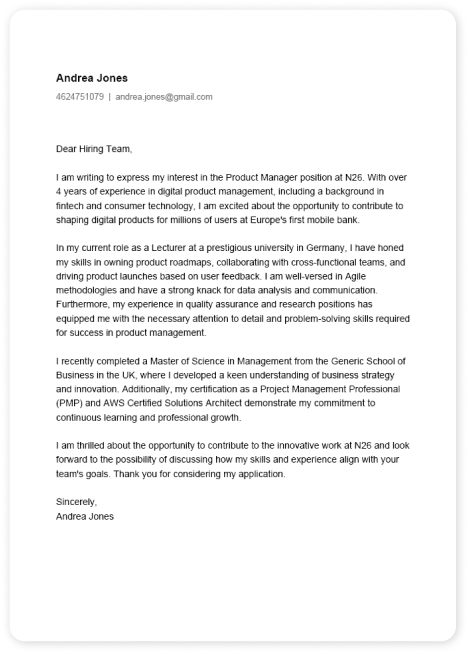Cover letter example for Product Manager role at N26