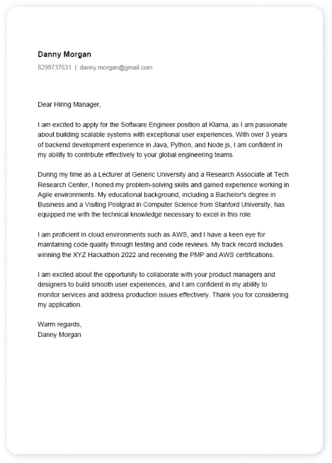 Cover letter example for Software Engineer role at Klarna