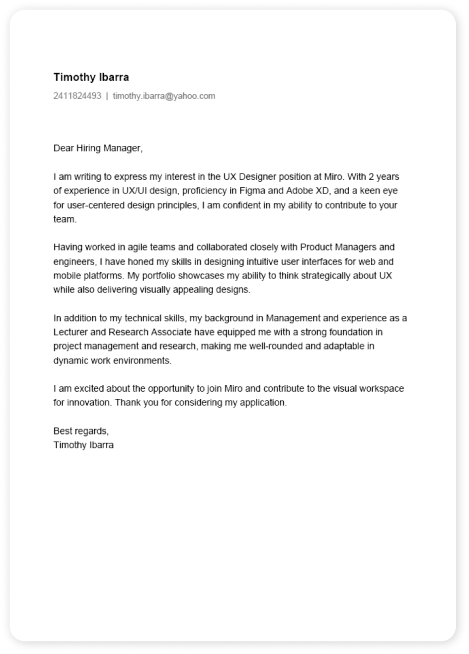 Cover letter example for UX Designer role at Miro